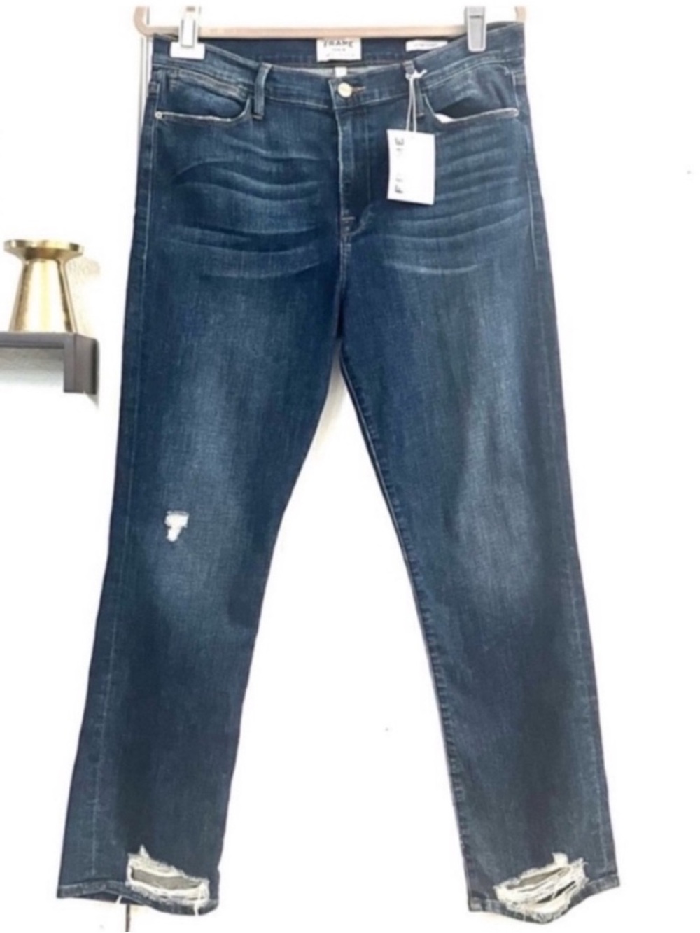Frame Denim Dark Indigo Cropped Distressed Ankle Jeans Size 32